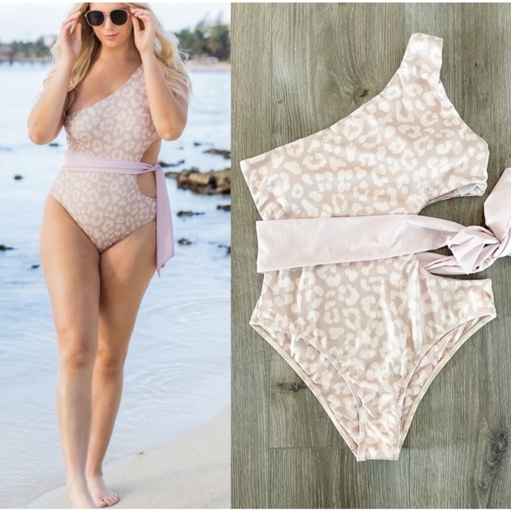 Pink Lily Tan and Cream One-Shoulder One Piece